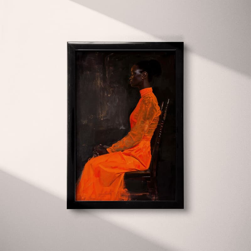 Full frame view of An afrofuturism oil painting, a woman in an orange dress sitting on a chair, side view