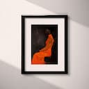 Matted frame view of An afrofuturism oil painting, a woman in an orange dress sitting on a chair, side view