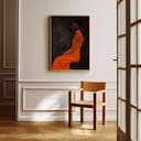Room view with a full frame of An afrofuturism oil painting, a woman in an orange dress sitting on a chair, side view