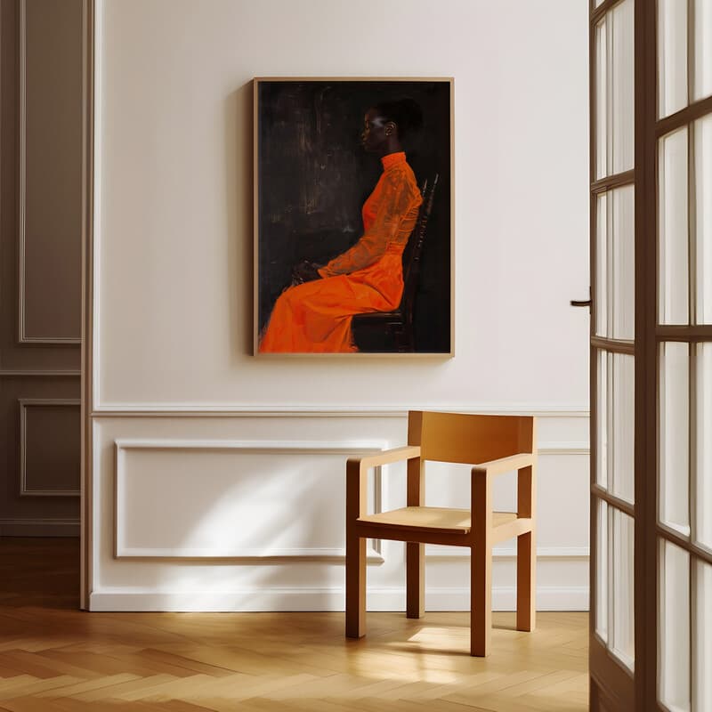 Room view with a full frame of An afrofuturism oil painting, a woman in an orange dress sitting on a chair, side view