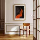 Room view with a matted frame of An afrofuturism oil painting, a woman in an orange dress sitting on a chair, side view