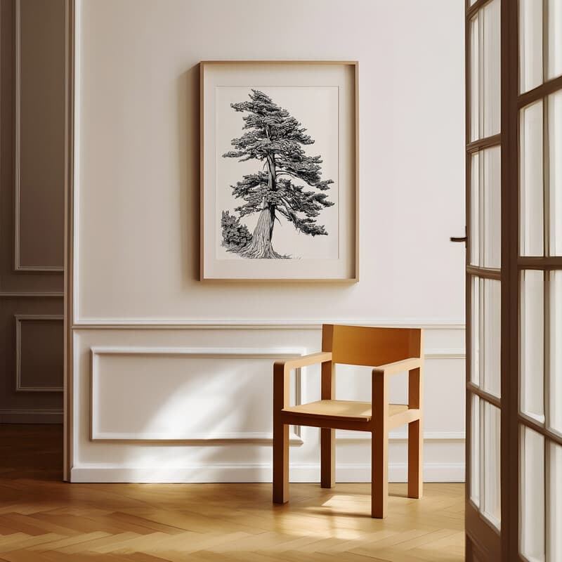 Room view with a matted frame of A botanical pencil sketch, a cypress tree