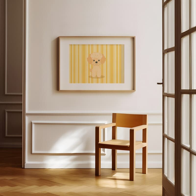 Room view with a matted frame of A cute simple illustration with simple shapes, a poodle