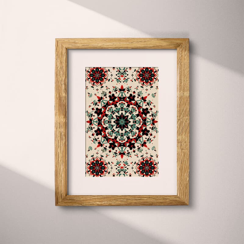 Matted frame view of An art nouveau tapestry print, symmetric intricate geometric pattern