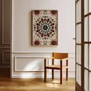 Room view with a full frame of An art nouveau tapestry print, symmetric intricate geometric pattern