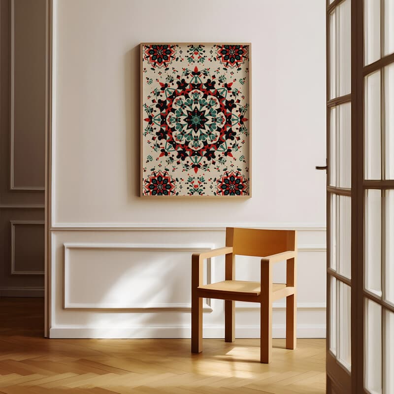 Room view with a full frame of An art nouveau tapestry print, symmetric intricate geometric pattern
