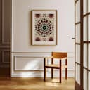 Room view with a matted frame of An art nouveau tapestry print, symmetric intricate geometric pattern