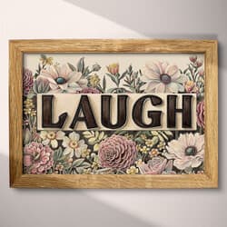 Laugh Art | Typography Wall Art | Flowers Print | Beige, Black and Brown Decor | Vintage Wall Decor | Living Room Digital Download | Housewarming Art | Spring Wall Art | Pastel Pencil Illustration