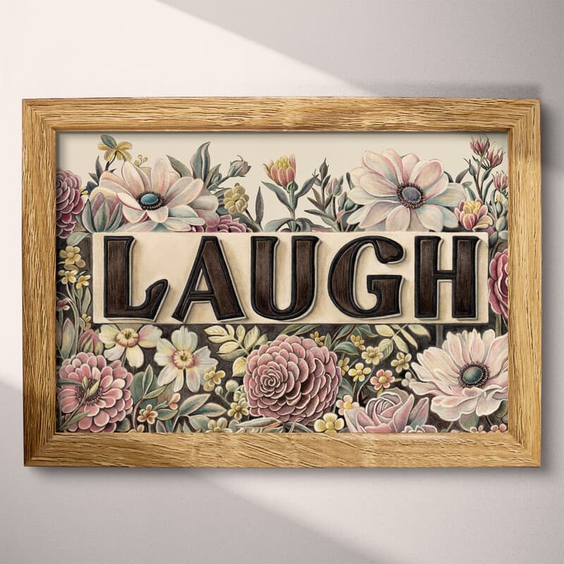 Full frame view of A vintage pastel pencil illustration, the word "LAUGH" on a bed of flowers