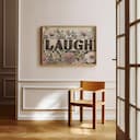 Room view with a full frame of A vintage pastel pencil illustration, the word "LAUGH" on a bed of flowers