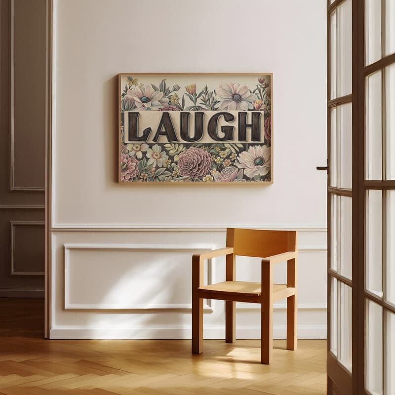 Room view with a full frame of A vintage pastel pencil illustration, the word "LAUGH" on a bed of flowers