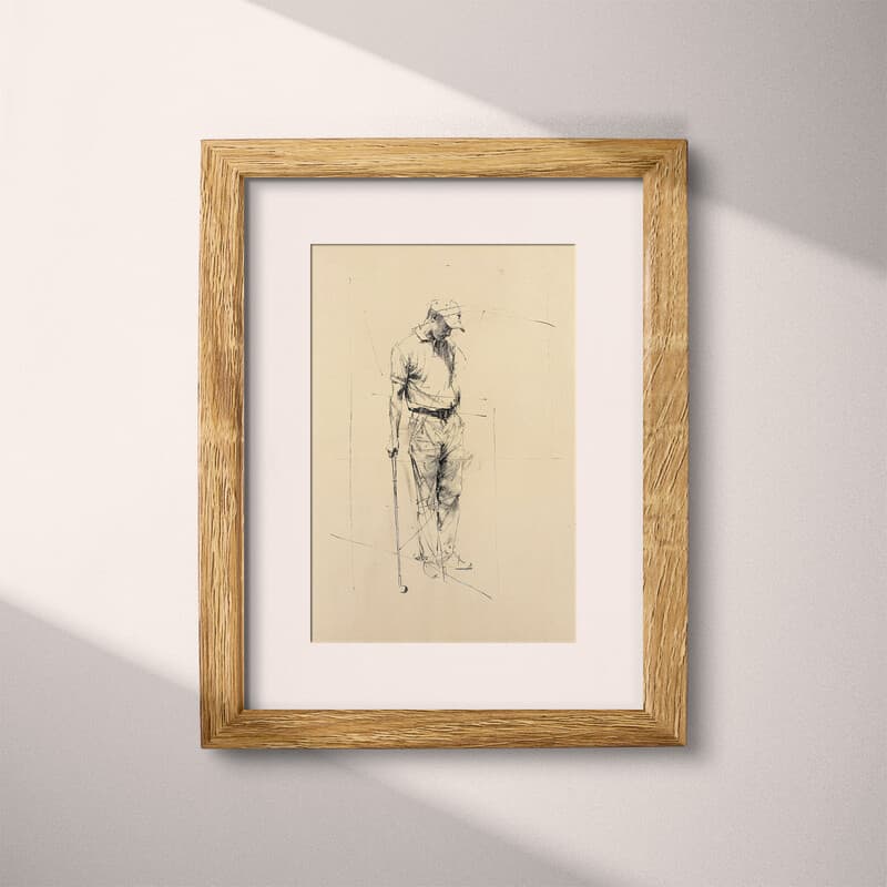 Matted frame view of A vintage graphite sketch, a man posing with a golf club