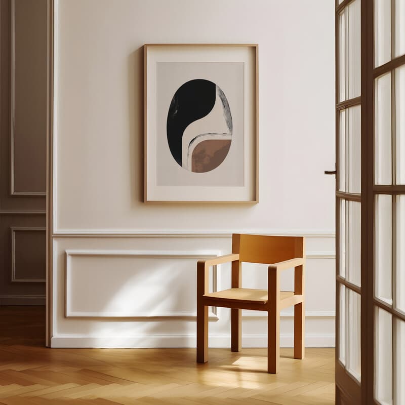 Room view with a matted frame of An abstract minimalist flat 2D illustration, curved lines in an oval