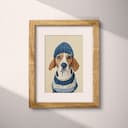Matted frame view of A contemporary pastel pencil illustration, a beagle in a blue beanie and sweater with white and blue stripes