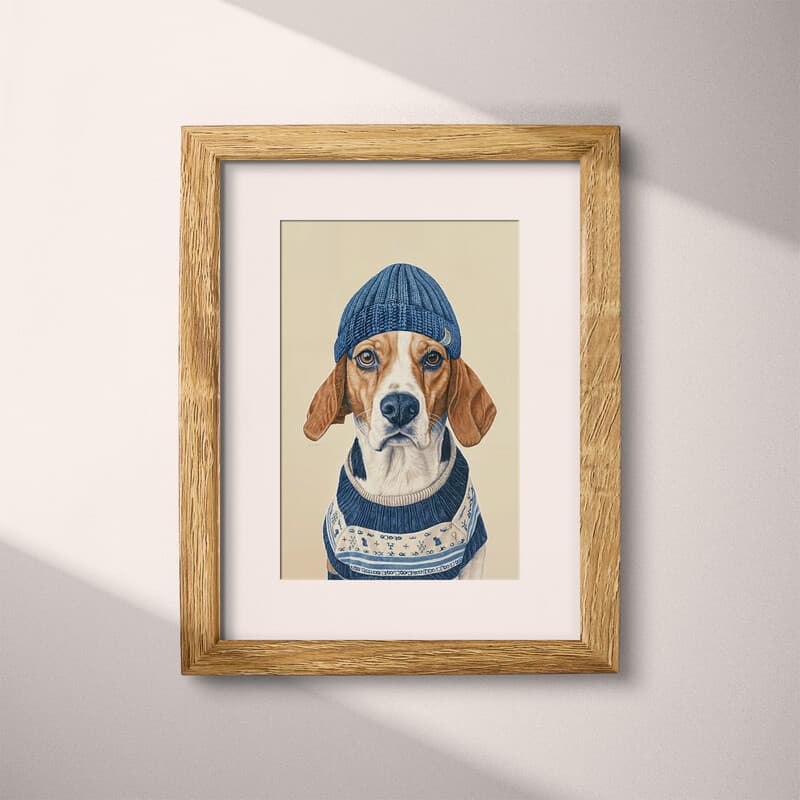 Matted frame view of A contemporary pastel pencil illustration, a beagle in a blue beanie and sweater with white and blue stripes