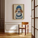 Room view with a full frame of A contemporary pastel pencil illustration, a beagle in a blue beanie and sweater with white and blue stripes