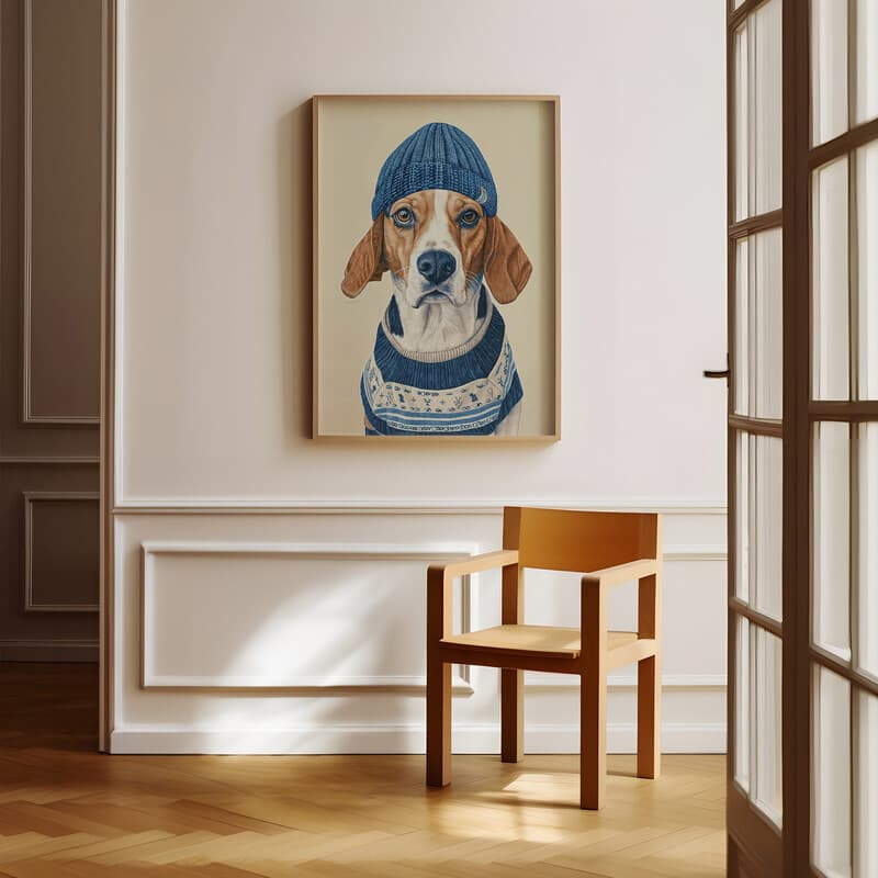 Room view with a full frame of A contemporary pastel pencil illustration, a beagle in a blue beanie and sweater with white and blue stripes