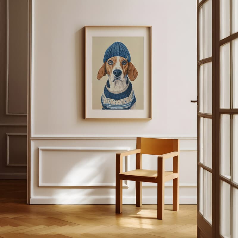 Room view with a matted frame of A contemporary pastel pencil illustration, a beagle in a blue beanie and sweater with white and blue stripes
