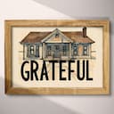 Full frame view of A vintage pastel pencil illustration, the word "GRATEFUL" with the front view of a small home