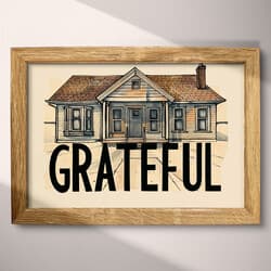 Grateful Home Art | Home Wall Art | Quotes & Typography Print | White, Black, Gray and Brown Decor | Vintage Wall Decor | Entryway Digital Download | Housewarming Art | Thanksgiving Wall Art | Autumn Print | Pastel Pencil Illustration