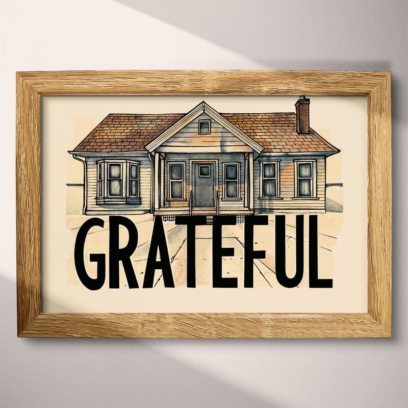 Full frame view of A vintage pastel pencil illustration, the word "GRATEFUL" with the front view of a small home