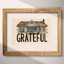 Matted frame view of A vintage pastel pencil illustration, the word "GRATEFUL" with the front view of a small home