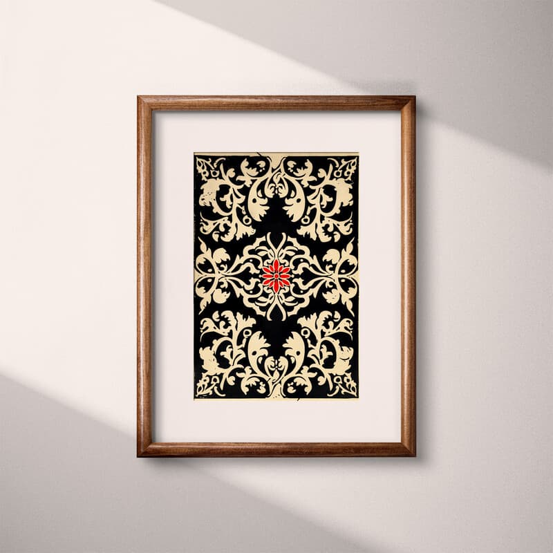 Matted frame view of A bauhaus linocut print, symmetric intricate pattern