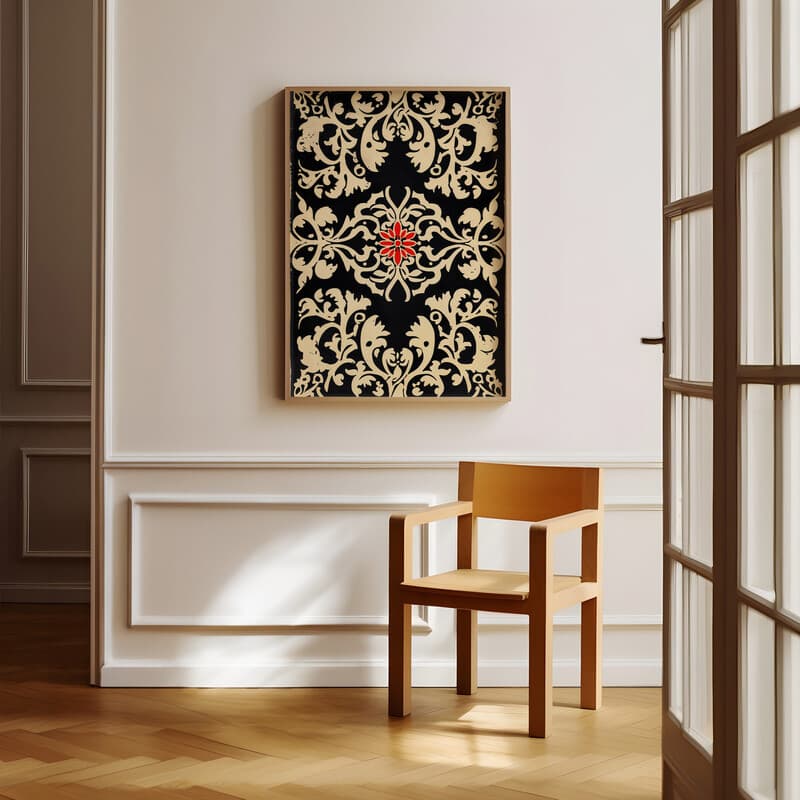 Room view with a full frame of A bauhaus linocut print, symmetric intricate pattern