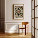 Room view with a matted frame of A bauhaus linocut print, symmetric intricate pattern