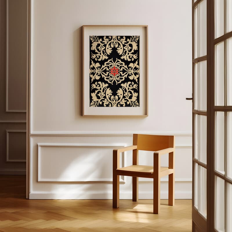 Room view with a matted frame of A bauhaus linocut print, symmetric intricate pattern