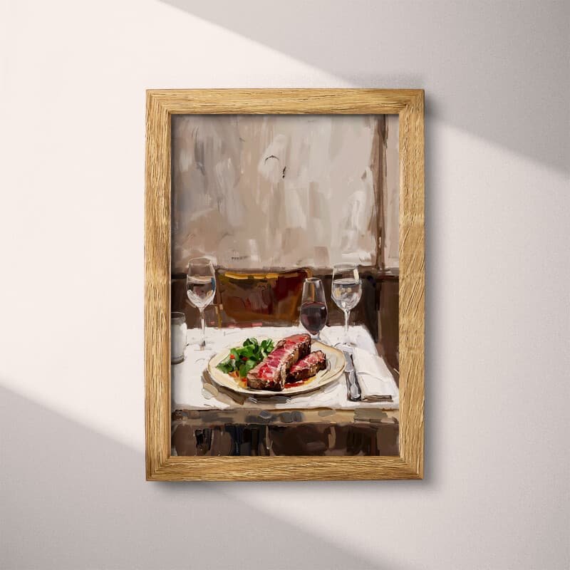 Full frame view of A mid-century oil painting, a steak dinner in a restaurant