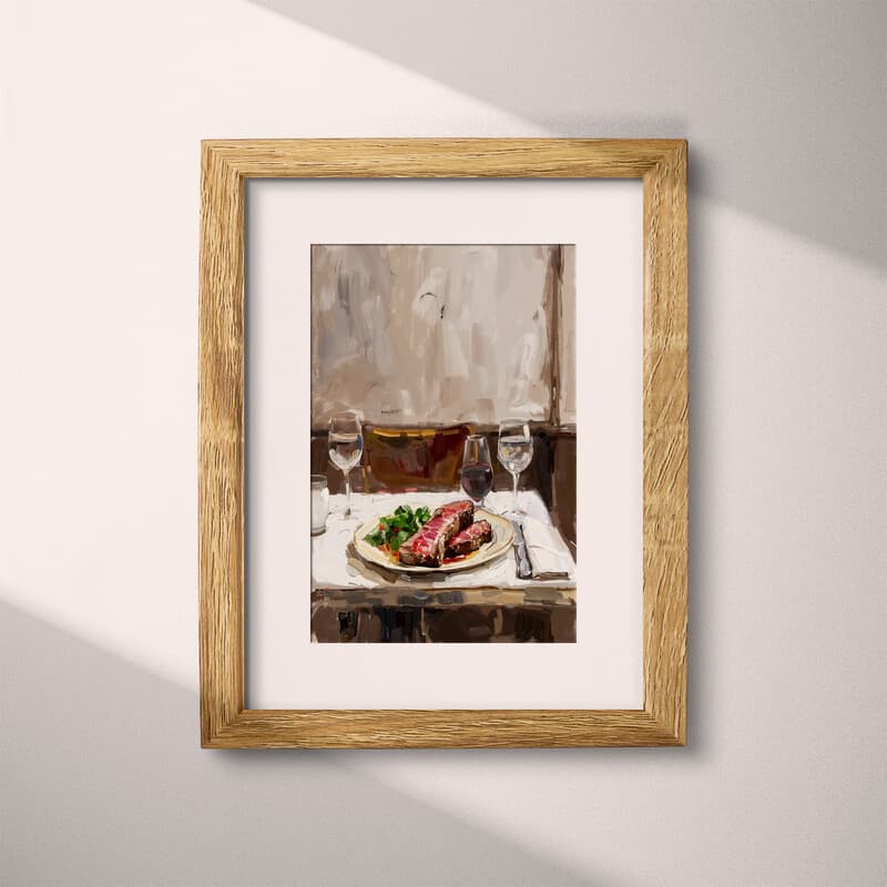 Matted frame view of A mid-century oil painting, a steak dinner in a restaurant