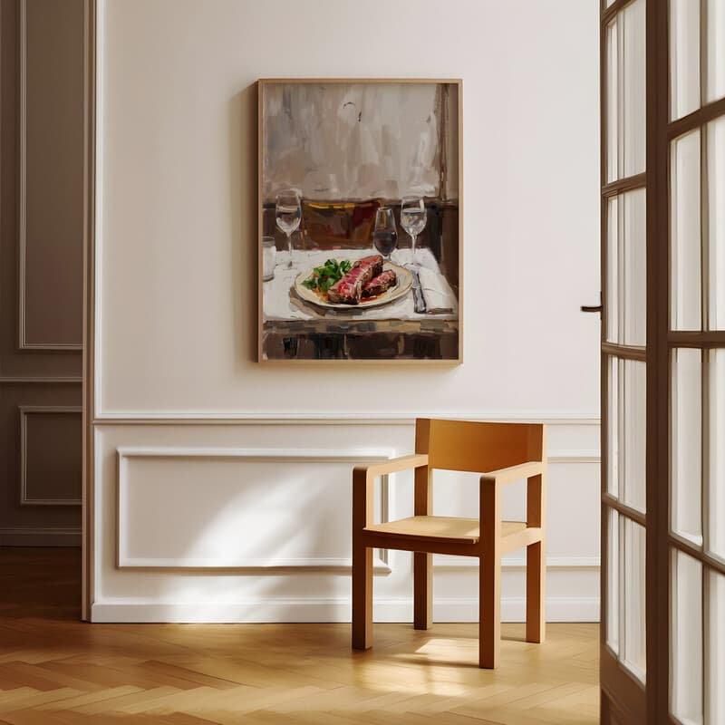 Room view with a full frame of A mid-century oil painting, a steak dinner in a restaurant