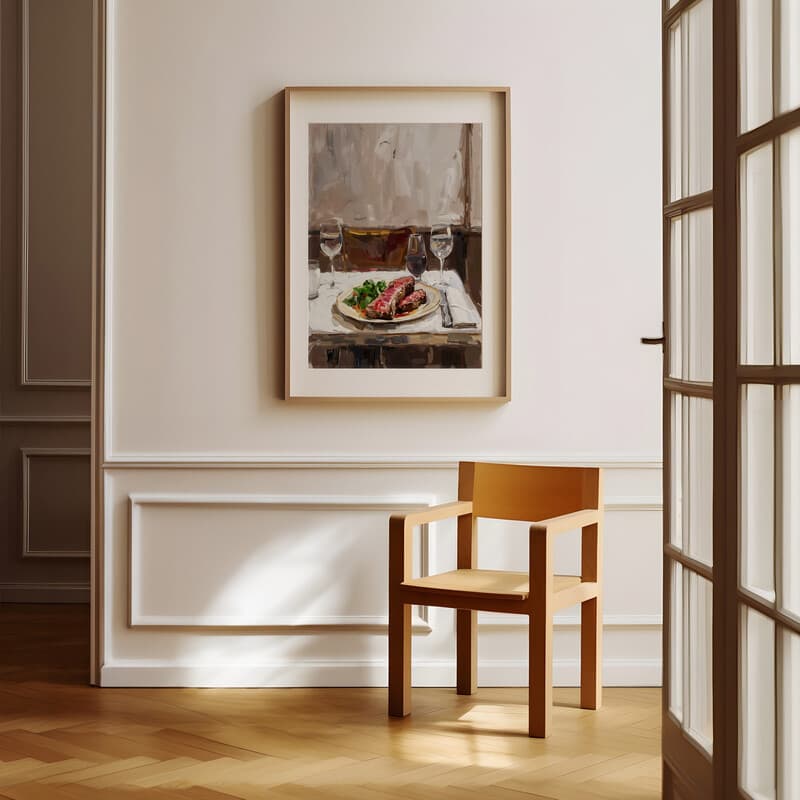 Room view with a matted frame of A mid-century oil painting, a steak dinner in a restaurant