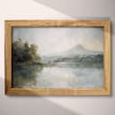 Full frame view of An impressionist oil painting, a lake, a mountain and trees in the distance, gray sky
