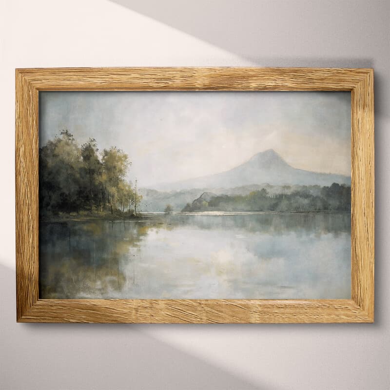 Full frame view of An impressionist oil painting, a lake, a mountain and trees in the distance, gray sky