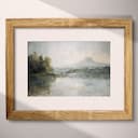 Matted frame view of An impressionist oil painting, a lake, a mountain and trees in the distance, gray sky