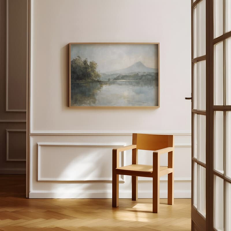 Room view with a full frame of An impressionist oil painting, a lake, a mountain and trees in the distance, gray sky