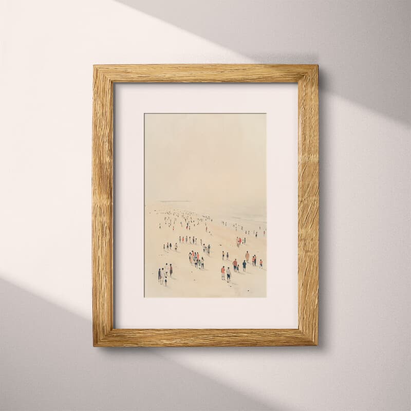 Matted frame view of A minimalist pastel pencil illustration, a crowd of people at a beach, distant view