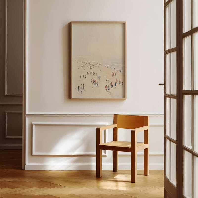 Room view with a full frame of A minimalist pastel pencil illustration, a crowd of people at a beach, distant view