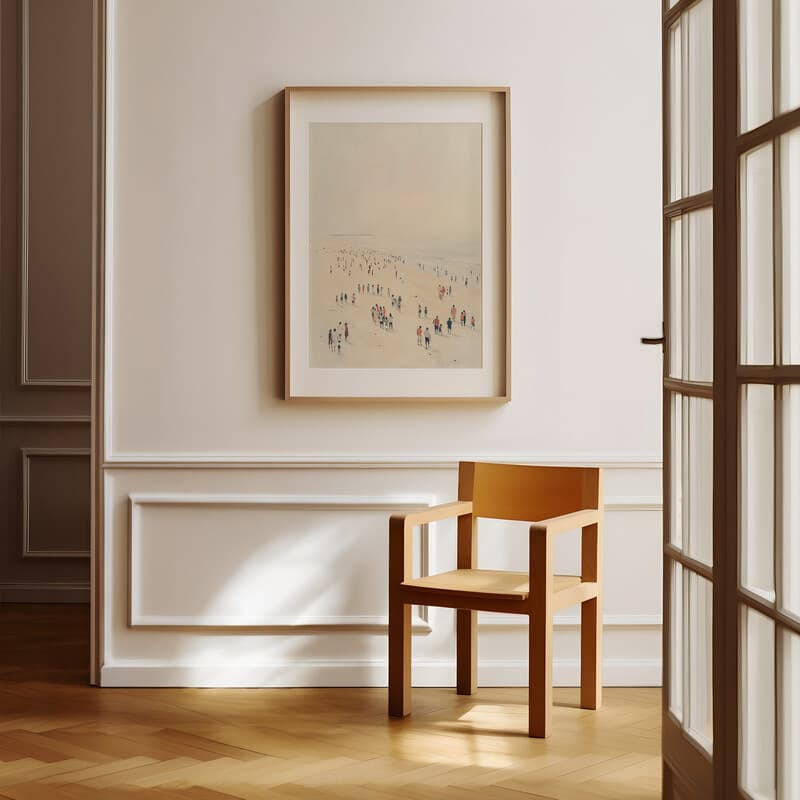 Room view with a matted frame of A minimalist pastel pencil illustration, a crowd of people at a beach, distant view