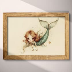 Mermaid Art | Fantasy Wall Art | White, Brown and Black Print | Chibi Decor | Kids Wall Decor | Baby Shower Digital Download | Summer Art | Pastel Pencil Illustration