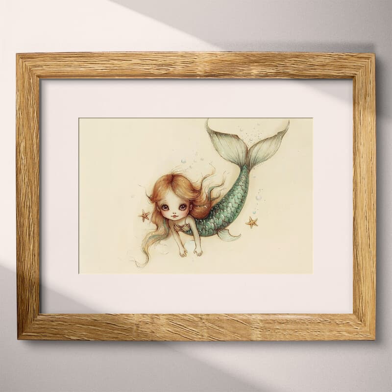 Matted frame view of A cute chibi anime pastel pencil illustration, a mermaid