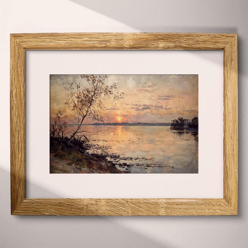 Matted frame view of An impressionist oil painting, sunset on a bay