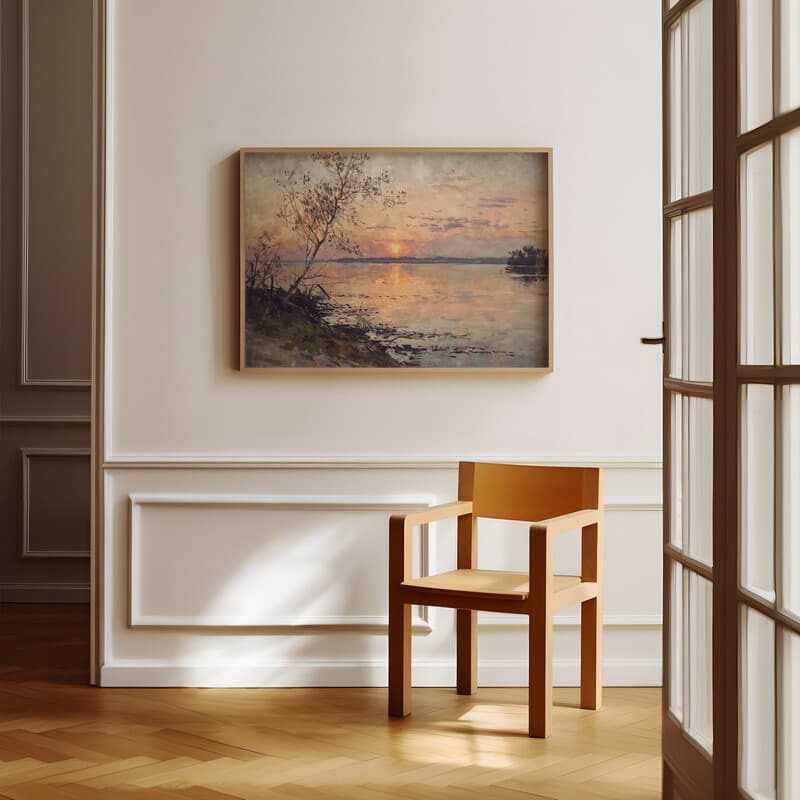 Room view with a full frame of An impressionist oil painting, sunset on a bay