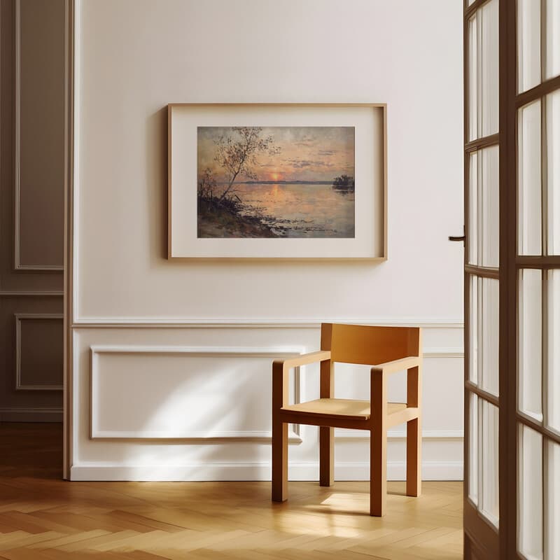 Room view with a matted frame of An impressionist oil painting, sunset on a bay