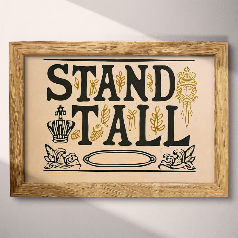 Full frame view of A vintage linocut print, the words "STAND TALL" with a crown