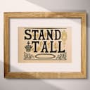 Matted frame view of A vintage linocut print, the words "STAND TALL" with a crown