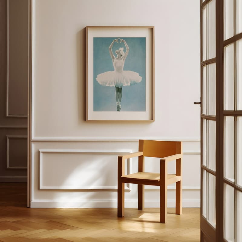 Room view with a matted frame of A vintage pastel pencil illustration, a ballerina