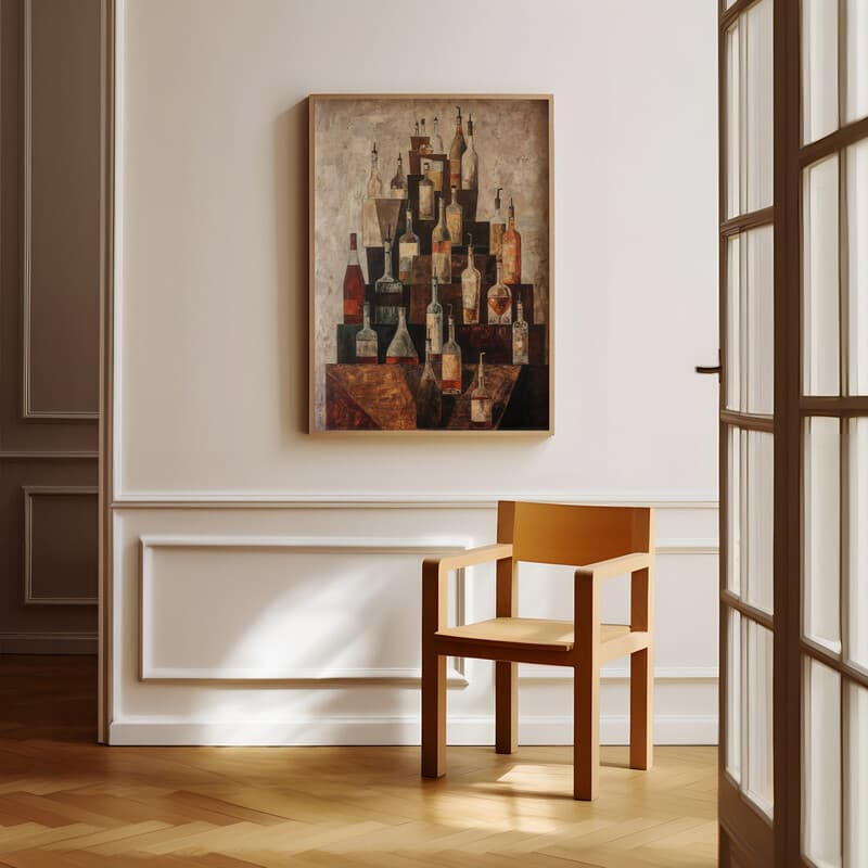Room view with a full frame of An abstract impressionist oil painting, liquor bottles on a bar